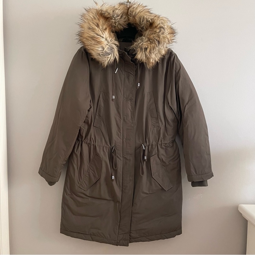 Topshop Olive Green Parka Mid Length Coat with Faux Fur Detachable Hood Size 6